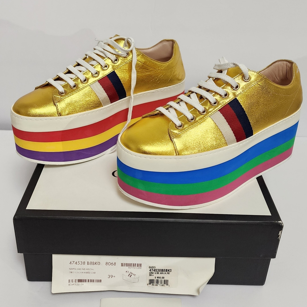 Gucci Peggy Metallic Rainbow Platform Sneakers, style no. 474538 SIZE 39.5, US 9